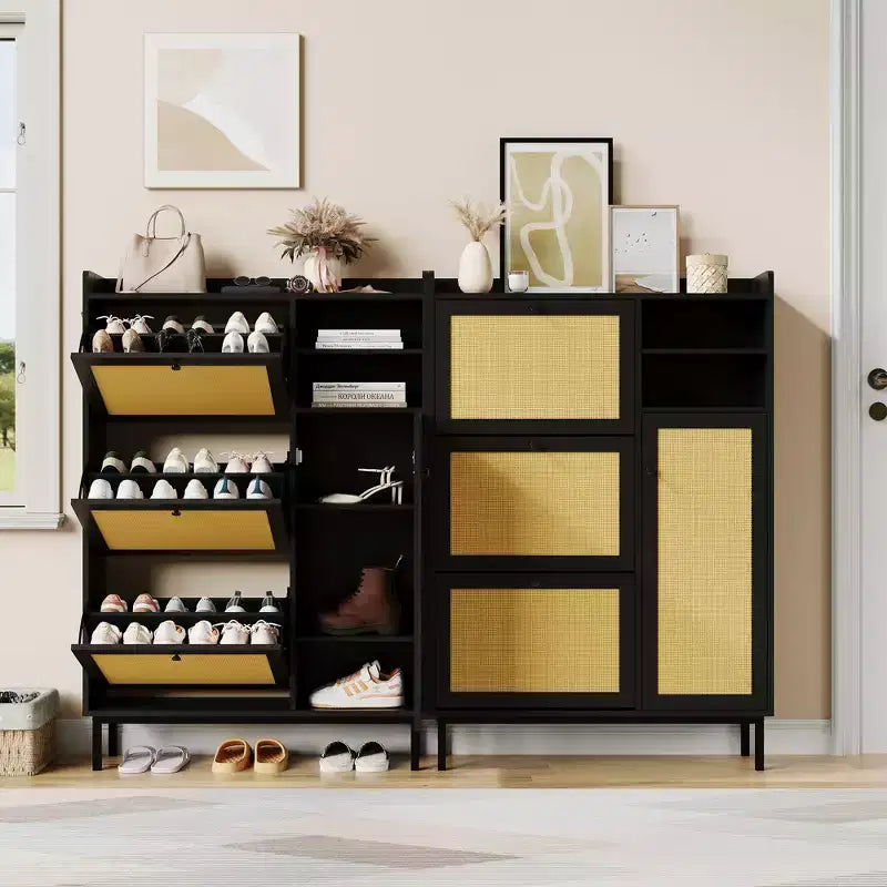 Meuble à chaussures pour entrée, Meuble à chaussures autoportant avec 3 tiroirs basculants et 5 étagères, Meuble de rangement à chaussures en rotin naturel