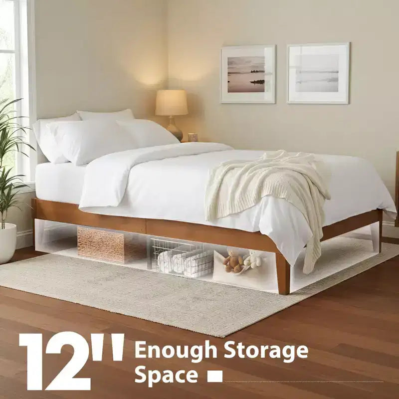 JIONJOY Cadre de lit plateforme double 12 pouces en bois massif d'hévéa, support de matelas robuste, montage facile, aucun sommier tapissier requis