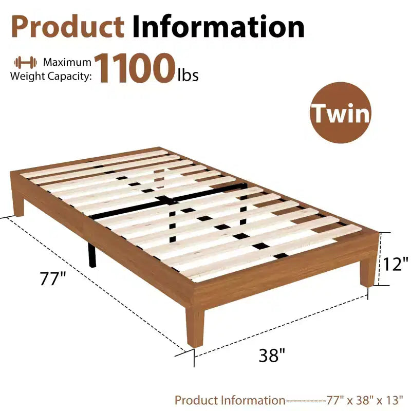 JIONJOY Cadre de lit plateforme double 12 pouces en bois massif d'hévéa, support de matelas robuste, montage facile, aucun sommier tapissier requis