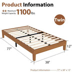 JIONJOY Cadre de lit plateforme double 12 pouces en bois massif d'hévéa, support de matelas robuste, montage facile, aucun sommier tapissier requis