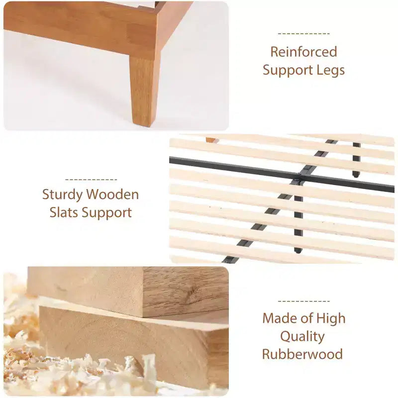 JIONJOY Cadre de lit plateforme double 12 pouces en bois massif d'hévéa, support de matelas robuste, montage facile, aucun sommier tapissier requis