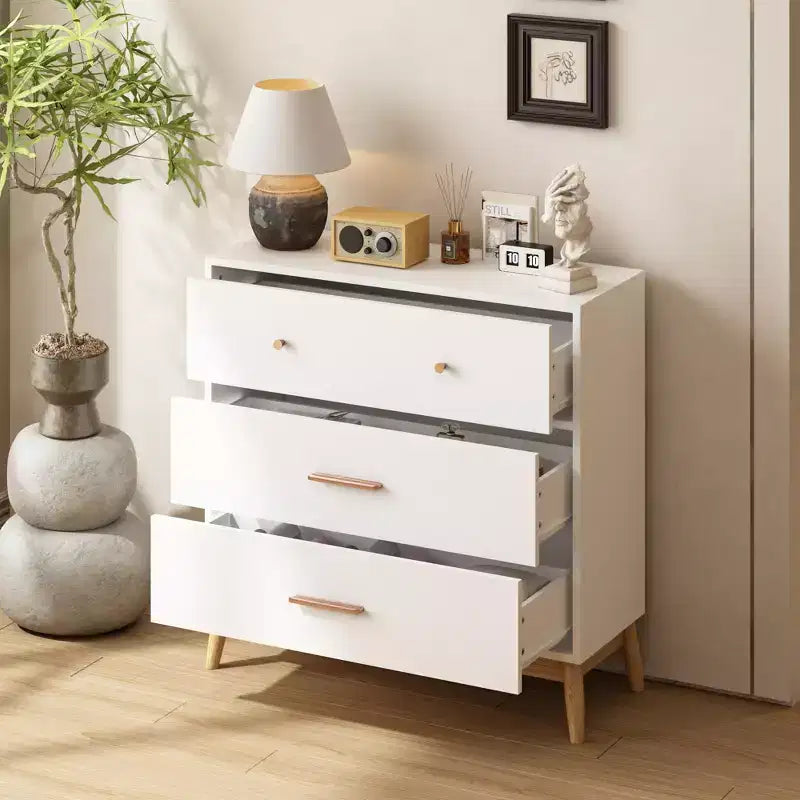 JVNOXK Commode de rangement nordique blanche à 3 tiroirs avec poignées en or rose et base en bois massif, commode moderne pour bureau à domicile, chambre de bébé