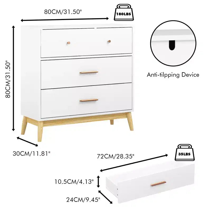 JVNOXK Commode de rangement nordique blanche à 3 tiroirs avec poignées en or rose et base en bois massif, commode moderne pour bureau à domicile, chambre de bébé
