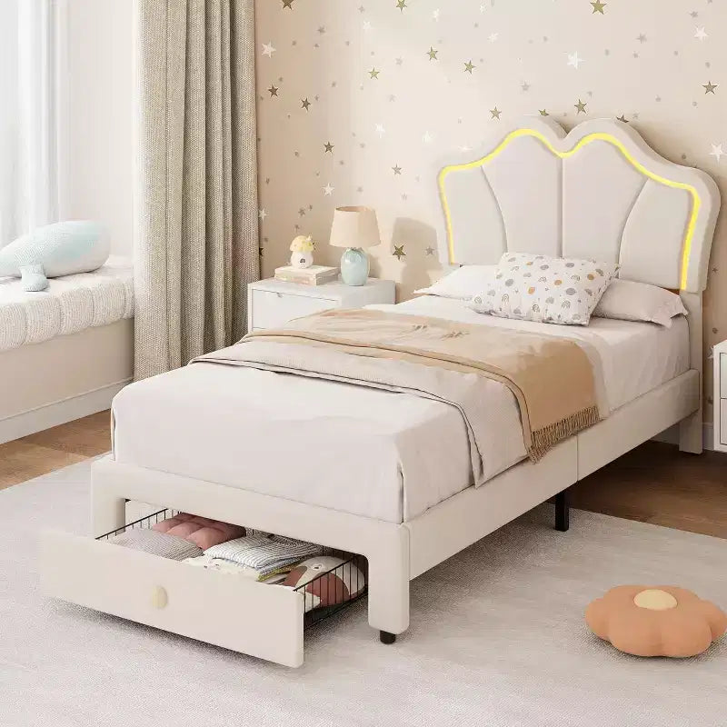 Twin Bed Frame with Storage, Upholstered Bed Frame with Headboard, Cute Velvet Platform for Kids, Girls, No Box Spring Needed, Easy Assembly, Pink