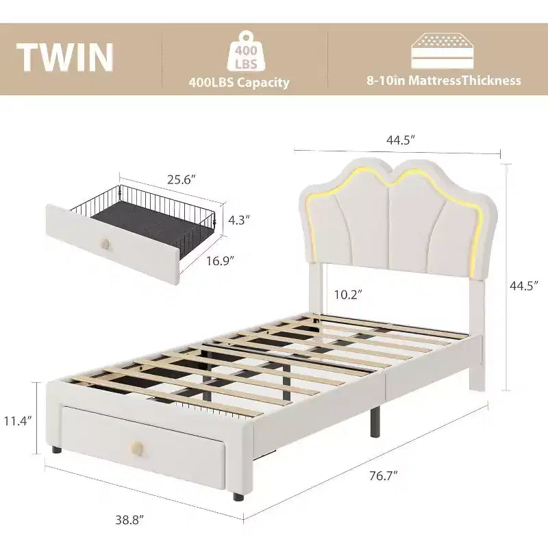Cadre de lit double avec rangement, Cadre de lit rembourré avec tête de lit, Plateforme en velours mignon pour enfants, filles, Pas besoin de sommier tapissier, Montage facile, Rose