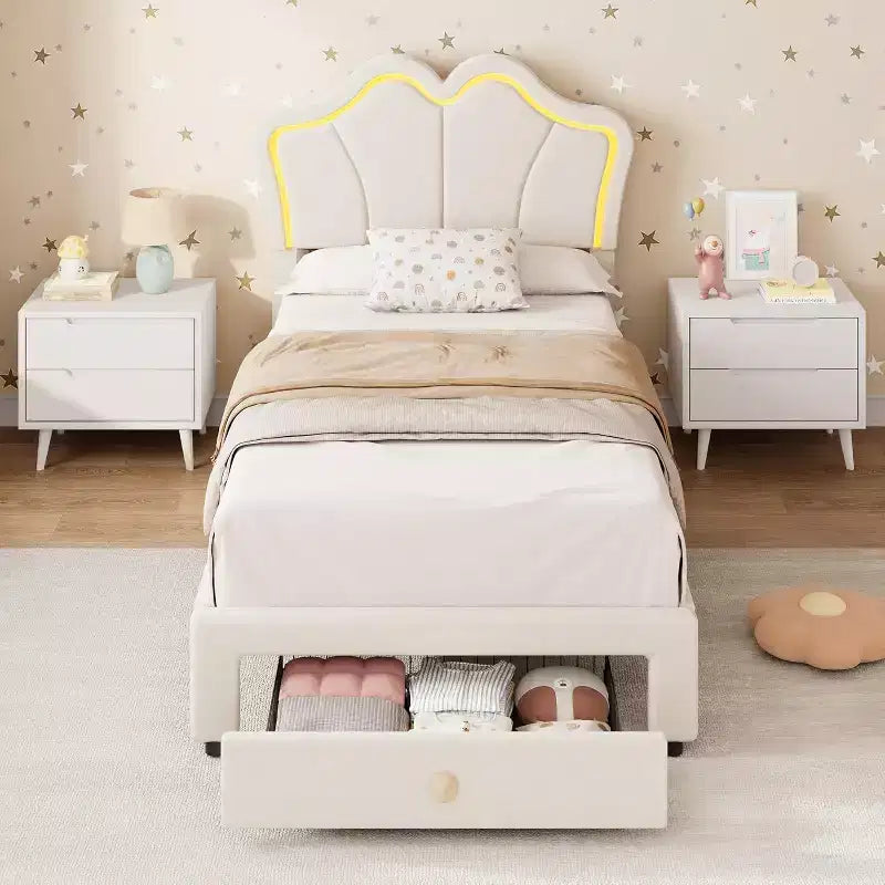 Cadre de lit double avec rangement, Cadre de lit rembourré avec tête de lit, Plateforme en velours mignon pour enfants, filles, Pas besoin de sommier tapissier, Montage facile, Rose