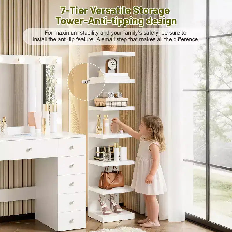 Coiffeuse de Maquillage Whisen 2-en-1 Grande, Table de Maquillage avec Miroir, 11 Tiroirs, 7 Niveaux de Rangement - Blanc