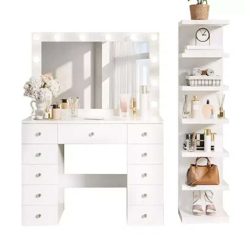 Coiffeuse de Maquillage Whisen 2-en-1 Grande, Table de Maquillage avec Miroir, 11 Tiroirs, 7 Niveaux de Rangement - Blanc