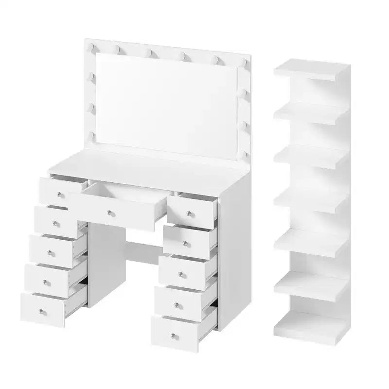 Coiffeuse de Maquillage Whisen 2-en-1 Grande, Table de Maquillage avec Miroir, 11 Tiroirs, 7 Niveaux de Rangement - Blanc
