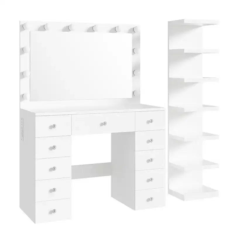 Coiffeuse de Maquillage Whisen 2-en-1 Grande, Table de Maquillage avec Miroir, 11 Tiroirs, 7 Niveaux de Rangement - Blanc