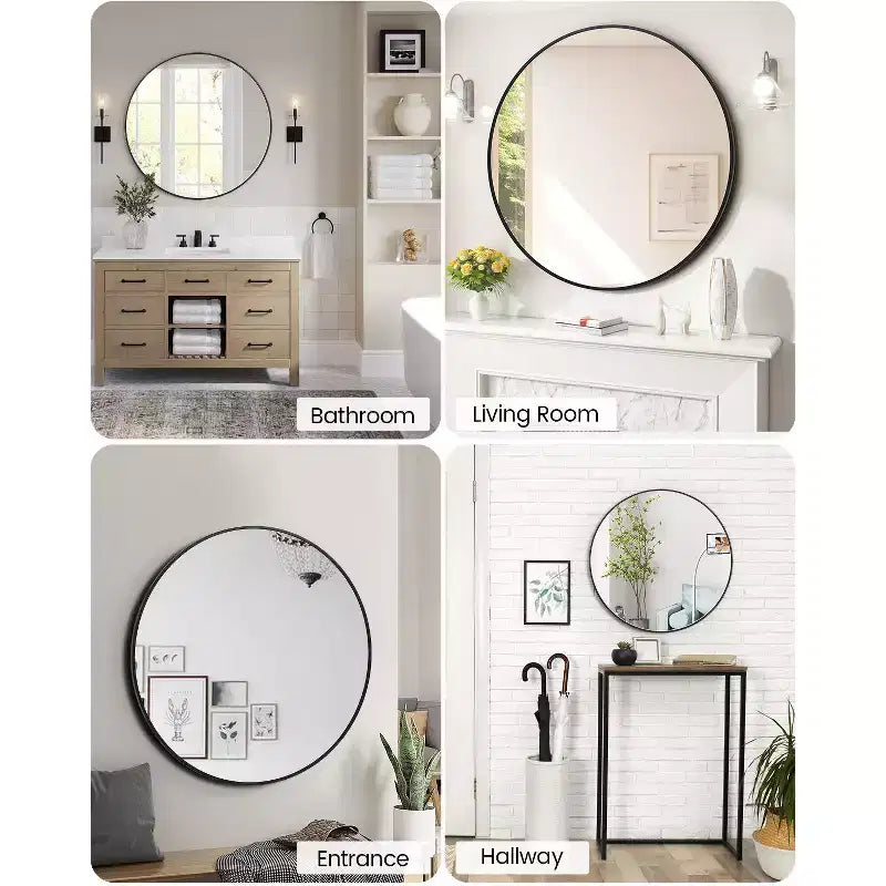 Miroir de salle de bain à cadre métallique rectangulaire arrondi, noir mat, miroir de courtoisie de style ferme, antirouille, à suspendre horizontalement ou verticalement