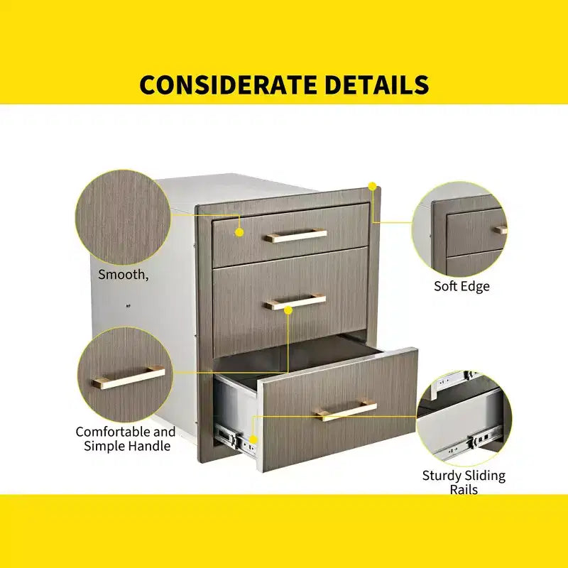 Tiroir de Cuisine Extérieure Triple en Acier Inoxydable Armoire de Rangement Encastrée Durable avec Poignées Résistante aux Intempéries pour Îlot de Barbecue de Patio