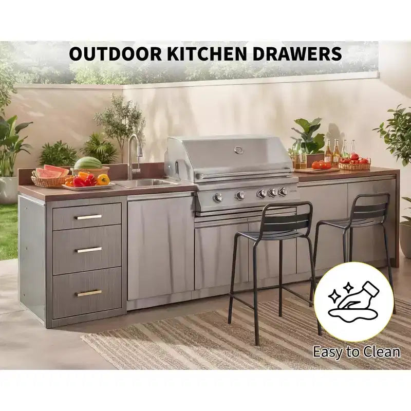Tiroir de Cuisine Extérieure Triple en Acier Inoxydable Armoire de Rangement Encastrée Durable avec Poignées Résistante aux Intempéries pour Îlot de Barbecue de Patio