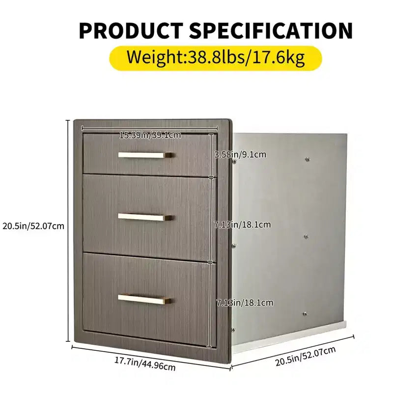Tiroir de Cuisine Extérieure Triple en Acier Inoxydable Armoire de Rangement Encastrée Durable avec Poignées Résistante aux Intempéries pour Îlot de Barbecue de Patio