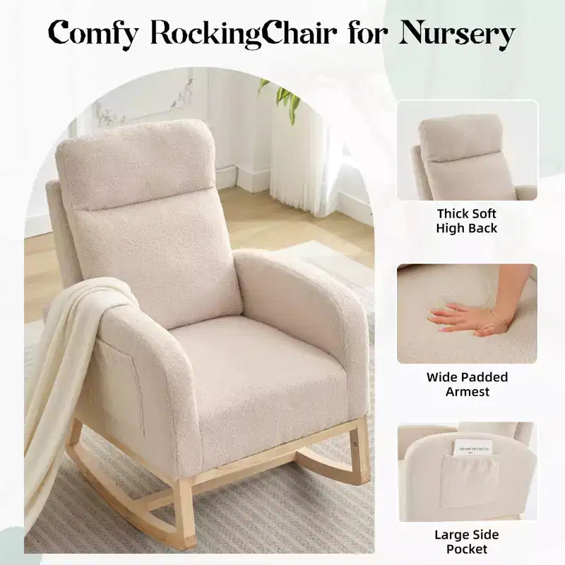 Fauteuil à bascule pour chambre d'enfant, fauteuil à bascule moderne rembourré avec poche latérale, revêtement en tissu teddy, dossier haut, fauteuil d'appoint rembourré