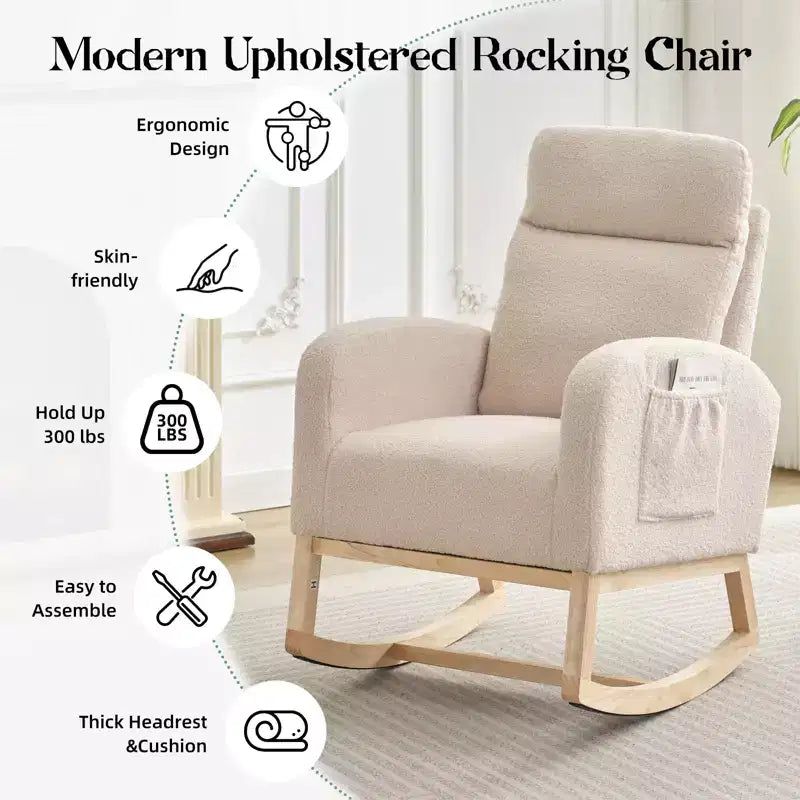 Fauteuil à bascule pour chambre d'enfant, fauteuil à bascule moderne rembourré avec poche latérale, revêtement en tissu teddy, dossier haut, fauteuil d'appoint rembourré
