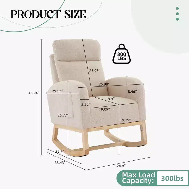 Fauteuil à bascule pour chambre d'enfant, fauteuil à bascule moderne rembourré avec poche latérale, revêtement en tissu teddy, dossier haut, fauteuil d'appoint rembourré