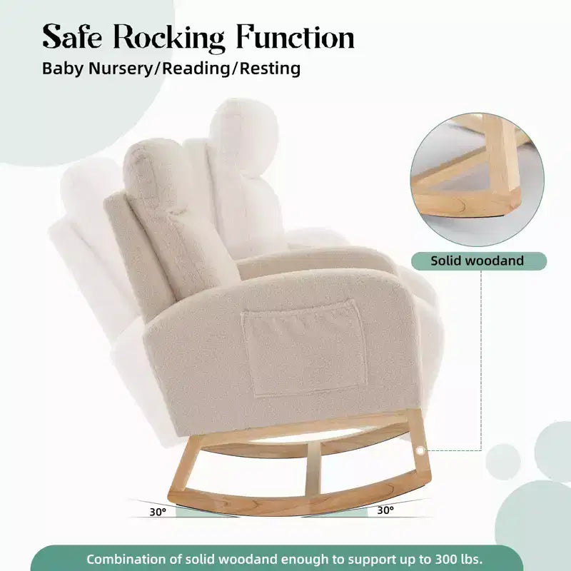Fauteuil à bascule pour chambre d'enfant, fauteuil à bascule moderne rembourré avec poche latérale, revêtement en tissu teddy, dossier haut, fauteuil d'appoint rembourré