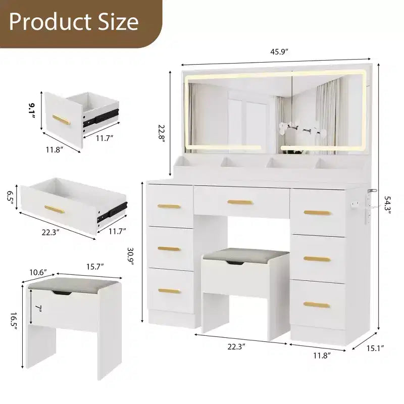 Coiffeuse de 116,5 cm avec miroir éclairé, station de charge et 7 tiroirs, table de maquillage avec tabouret de rangement