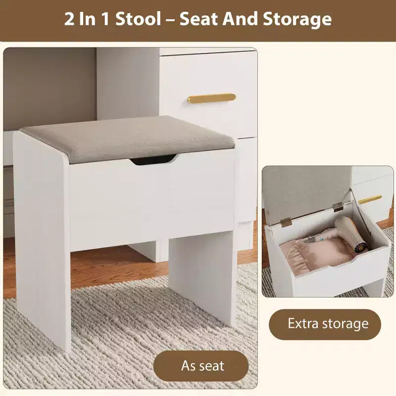 Coiffeuse de 116,5 cm avec miroir éclairé, station de charge et 7 tiroirs, table de maquillage avec tabouret de rangement