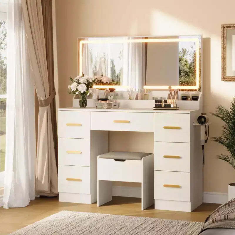Coiffeuse de 116,5 cm avec miroir éclairé, station de charge et 7 tiroirs, table de maquillage avec tabouret de rangement