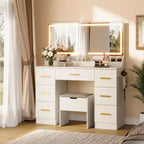 Coiffeuse de 116,5 cm avec miroir éclairé, station de charge et 7 tiroirs, table de maquillage avec tabouret de rangement