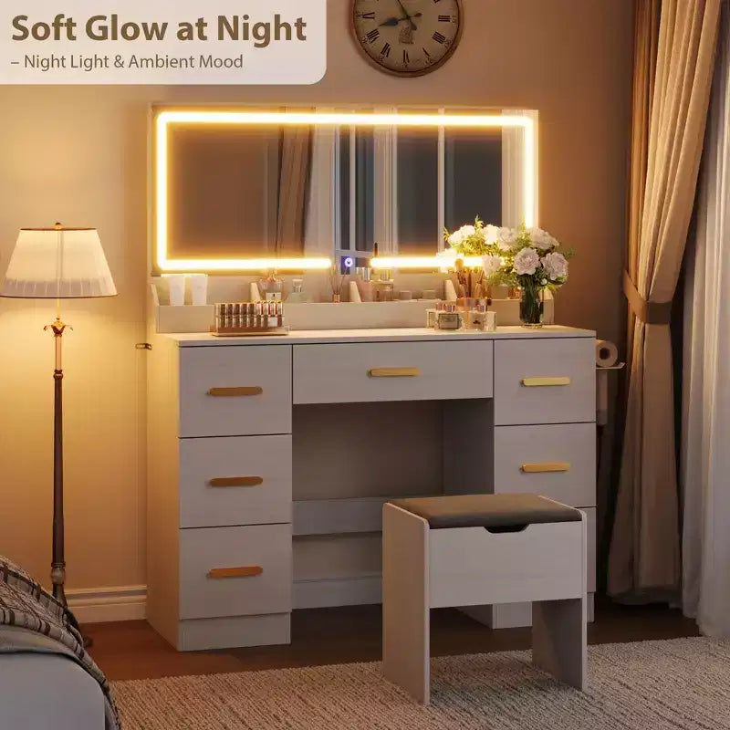 Coiffeuse de 116,5 cm avec miroir éclairé, station de charge et 7 tiroirs, table de maquillage avec tabouret de rangement