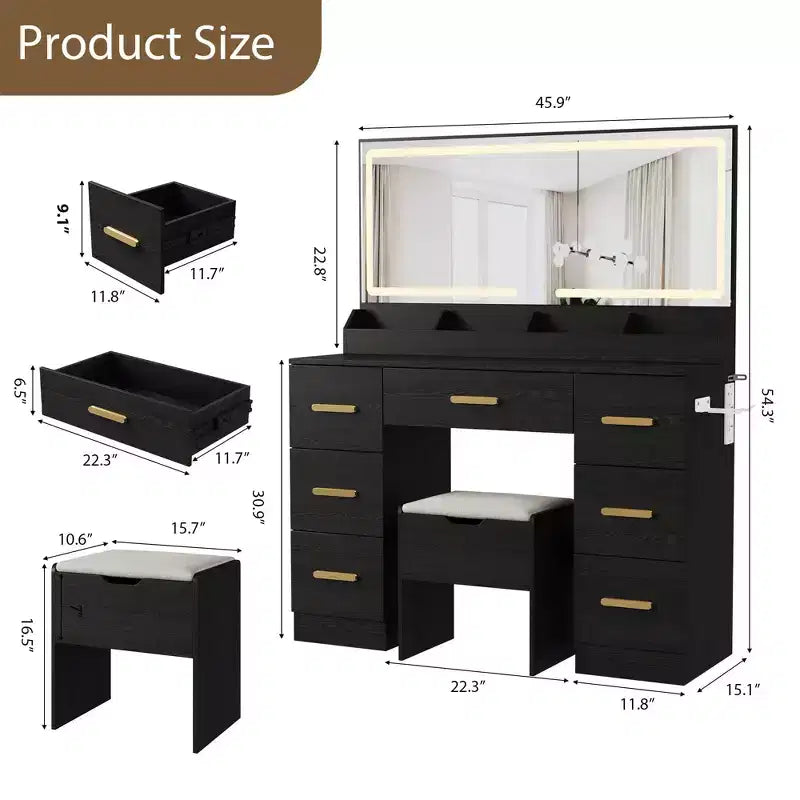 Coiffeuse de 116,5 cm avec miroir éclairé, station de charge et 7 tiroirs, table de maquillage avec tabouret de rangement