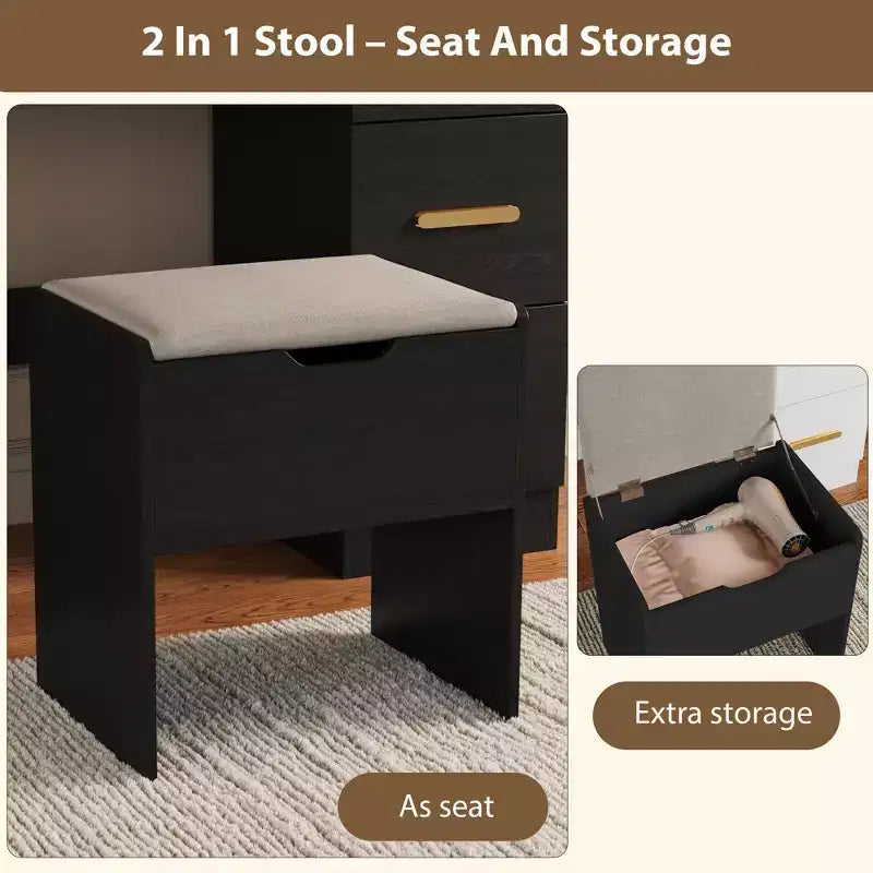 Coiffeuse de 116,5 cm avec miroir éclairé, station de charge et 7 tiroirs, table de maquillage avec tabouret de rangement