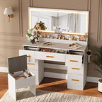 Coiffeuse de 116,5 cm avec miroir éclairé, station de charge et 7 tiroirs, table de maquillage avec tabouret de rangement