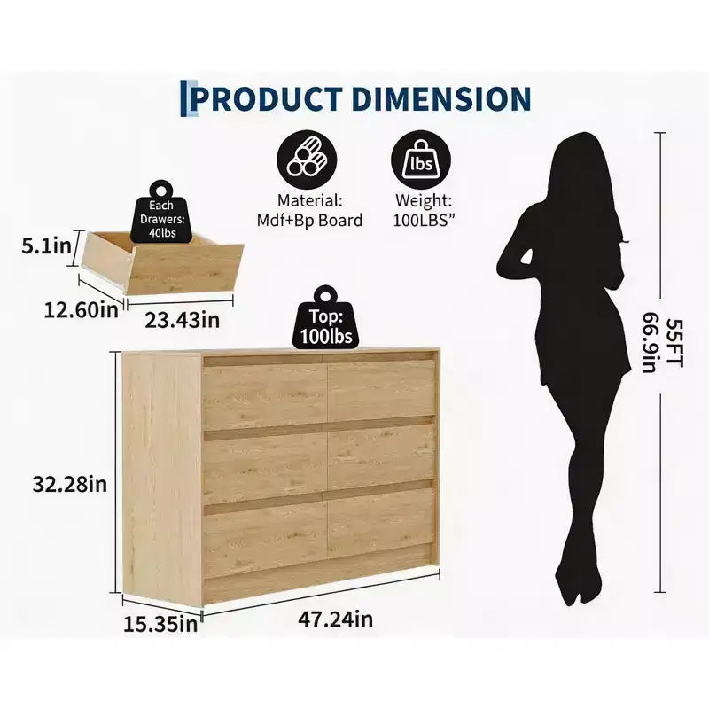 Commode 6 tiroirs de style campagnard de 47 po, commode en chêne naturel sans poignées pour chambre et salon