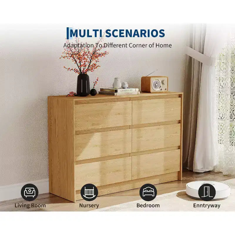 Commode 6 tiroirs de style campagnard de 47 po, commode en chêne naturel sans poignées pour chambre et salon