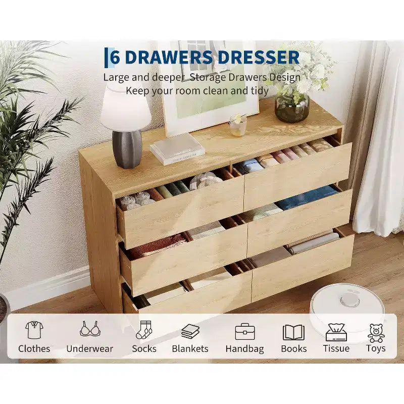 Commode 6 tiroirs de style campagnard de 47 po, commode en chêne naturel sans poignées pour chambre et salon