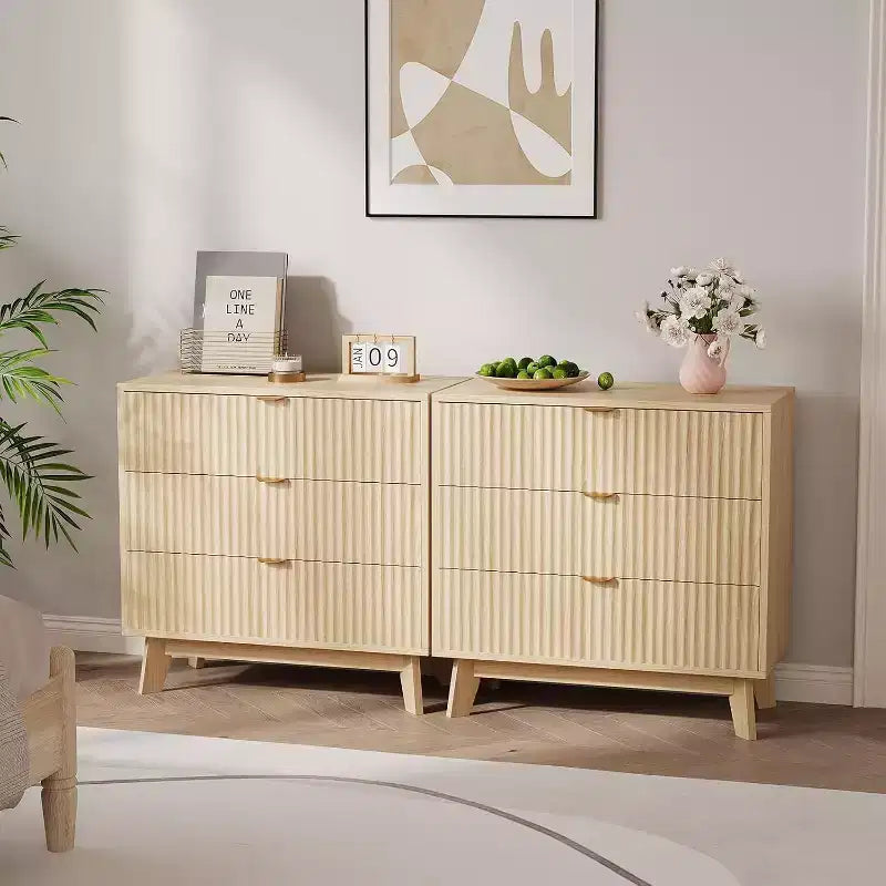 3 Drawer Dresser 2pcs, Mid Century Modern Dresser Drawers, Waveform Fluted Side Table, Wood Drawer Organizer for Bedroom Living Room, Hallway