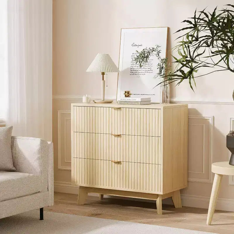 Commode à 3 tiroirs 2 pcs, commode à tiroirs moderne du milieu du siècle, table d'appoint cannelée à motif ondulé, organiseur de tiroirs en bois pour chambre à coucher, salon, couloir