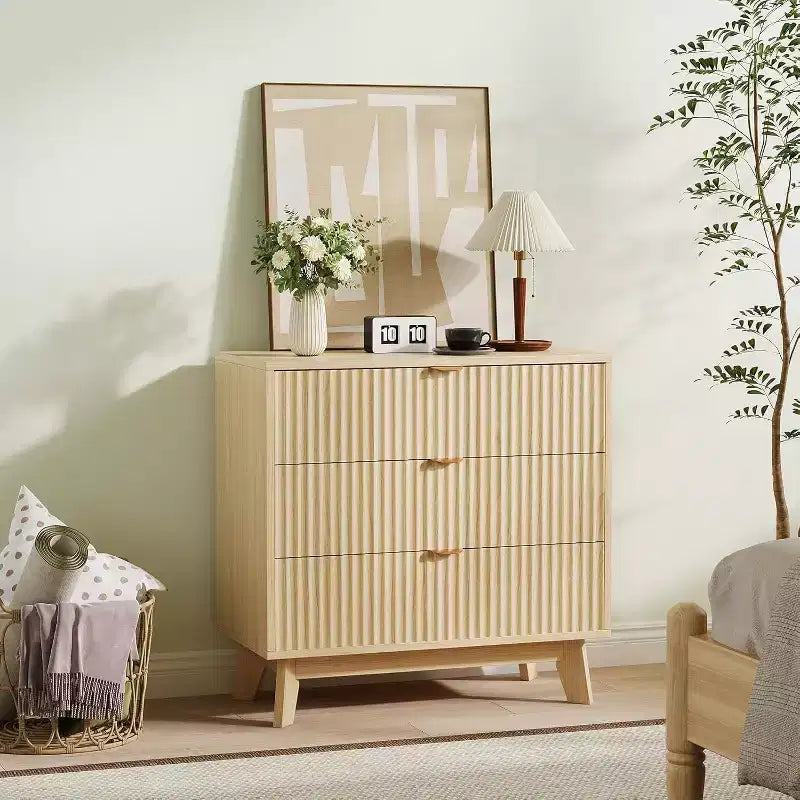 Commode à 3 tiroirs 2 pcs, commode à tiroirs moderne du milieu du siècle, table d'appoint cannelée à motif ondulé, organiseur de tiroirs en bois pour chambre à coucher, salon, couloir