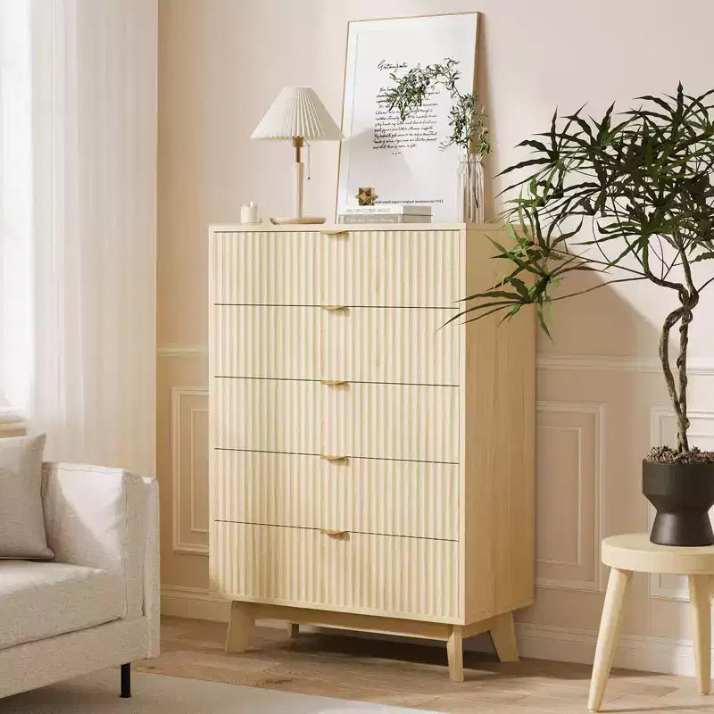 2 commodes à 5 tiroirs, commodes de placard cannelées, commodes de rangement en bois pour chambre à coucher, salon et couloir, naturel