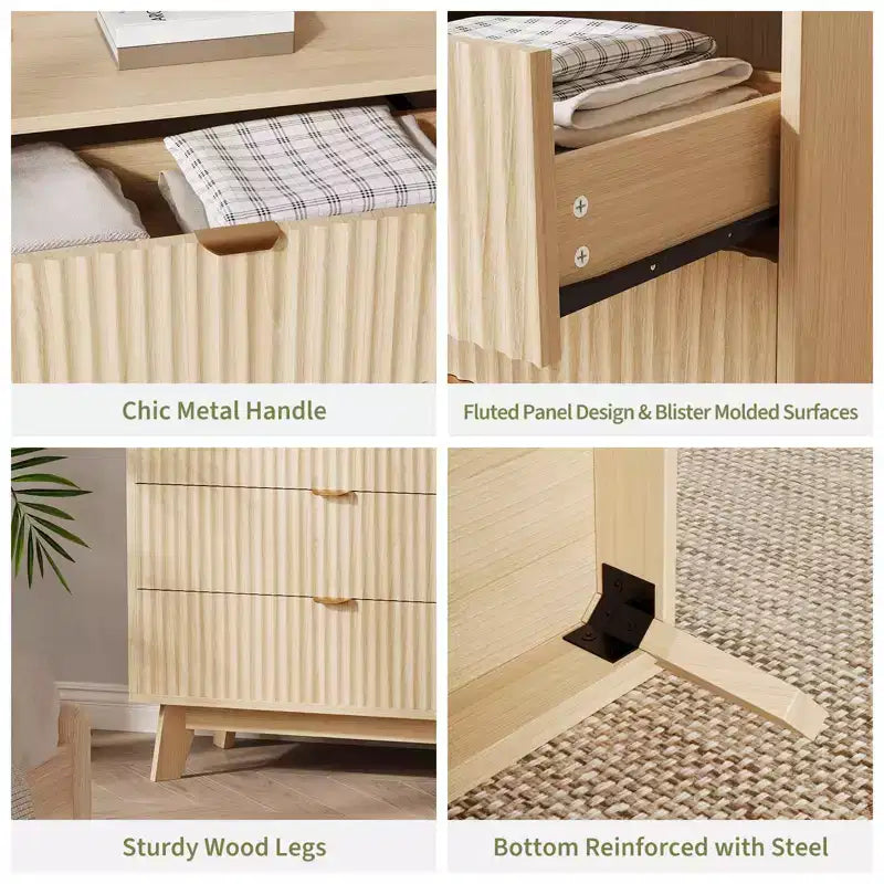 2 commodes à 5 tiroirs, commodes de placard cannelées, commodes de rangement en bois pour chambre à coucher, salon et couloir, naturel