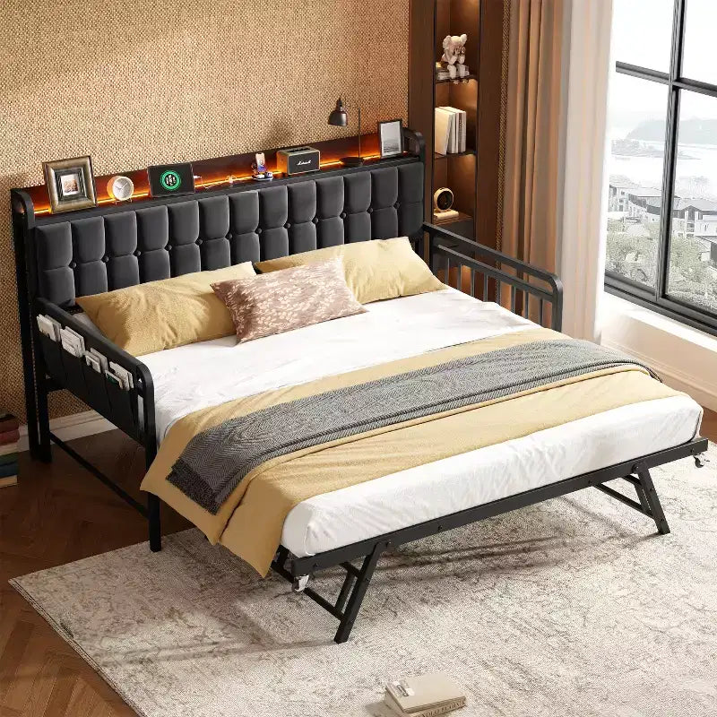 Corner Bed with Charging Station and LED Lights, Twin Bed Frame with 2 Storage Drawers and Storage Bookcase,White/Black