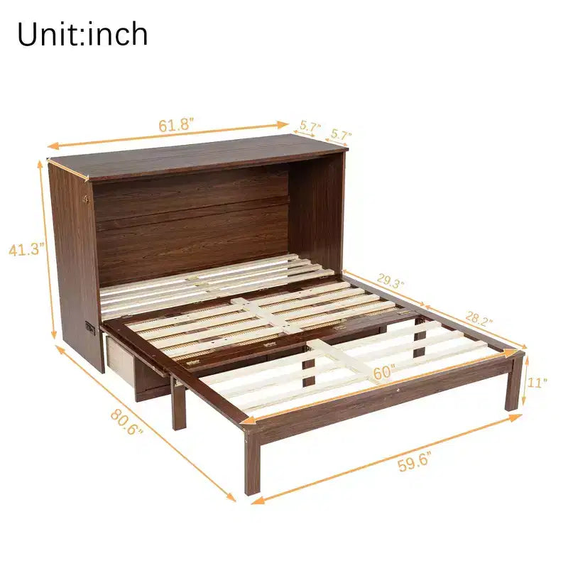 Lit escamotable Queen Size Sailvan, lit armoire en pin avec station de recharge et panneau décoratif en rotin