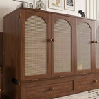 Lit escamotable Queen Size Sailvan, lit armoire en pin avec station de recharge et panneau décoratif en rotin