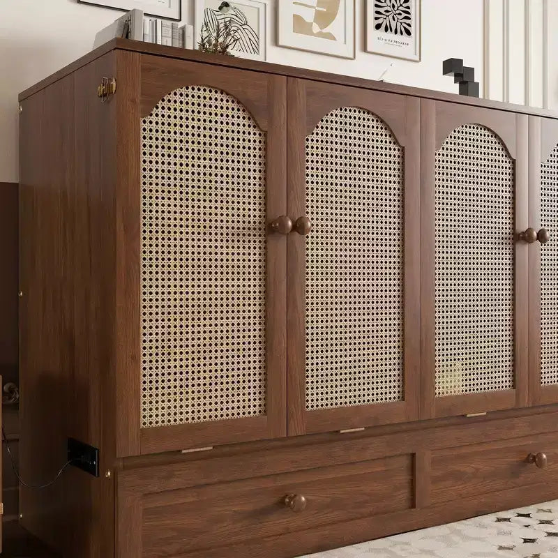 Lit escamotable Queen Size Sailvan, lit armoire en pin avec station de recharge et panneau décoratif en rotin