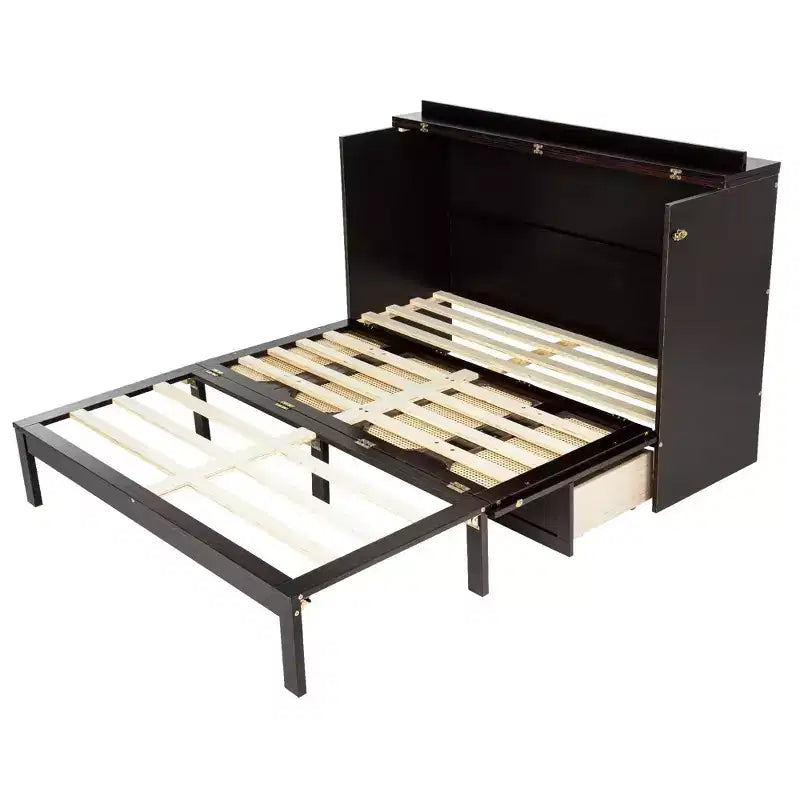 Lit escamotable Queen Size Sailvan, lit armoire en pin avec station de recharge et panneau décoratif en rotin