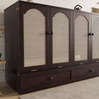 Lit escamotable Queen Size Sailvan, lit armoire en pin avec station de recharge et panneau décoratif en rotin