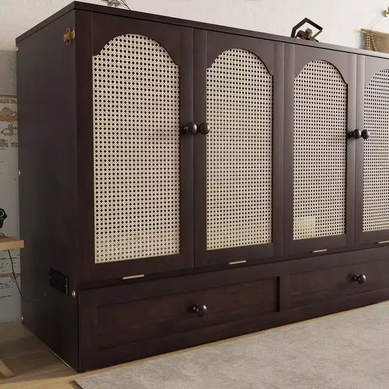 Lit escamotable Queen Size Sailvan, lit armoire en pin avec station de recharge et panneau décoratif en rotin