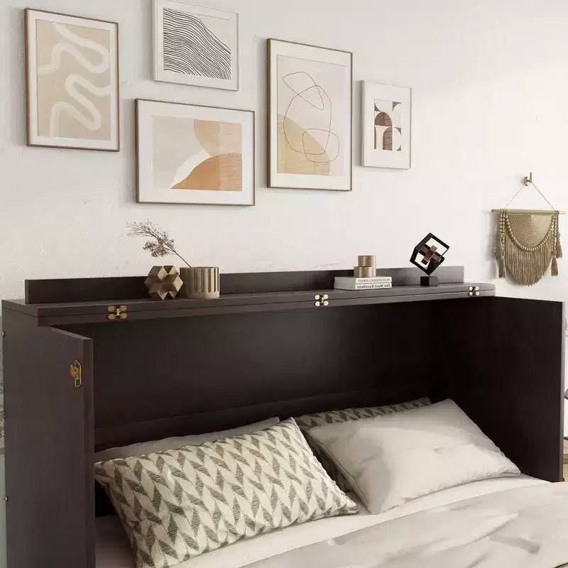 Lit escamotable Queen Size Sailvan, lit armoire en pin avec station de recharge et panneau décoratif en rotin