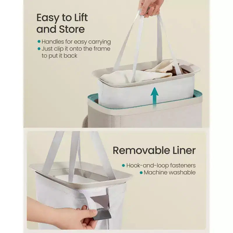 SONGMICS Panier à linge, 65 litres, Facile à monter, avec couvercle et poignées, Doublure amovible, 39 x 22 x 75 cm, Beige cappuccino