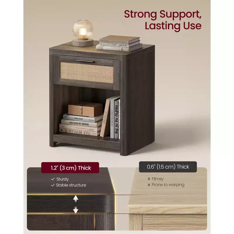 Collection VASAGLE ELLAN – Tables de chevet bohème avec tiroir aspect rotin, lot de 2 tables d'appoint avec compartiment ouvert, coins arrondis