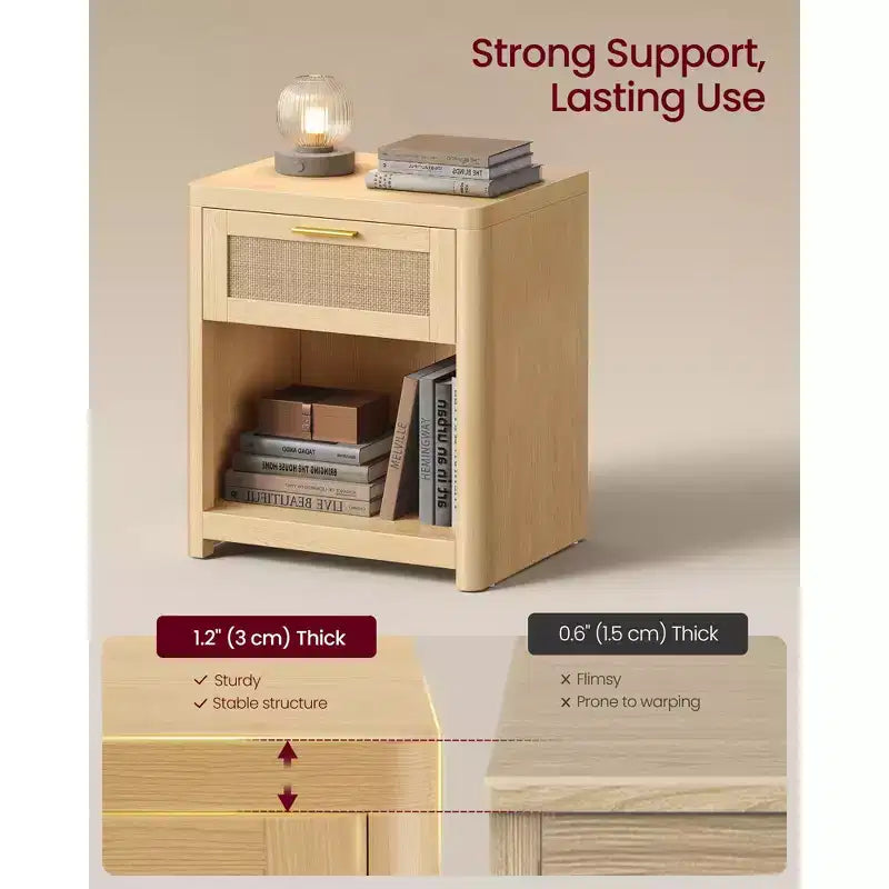 Collection VASAGLE ELLAN – Tables de chevet bohème avec tiroir aspect rotin, lot de 2 tables d'appoint avec compartiment ouvert, coins arrondis