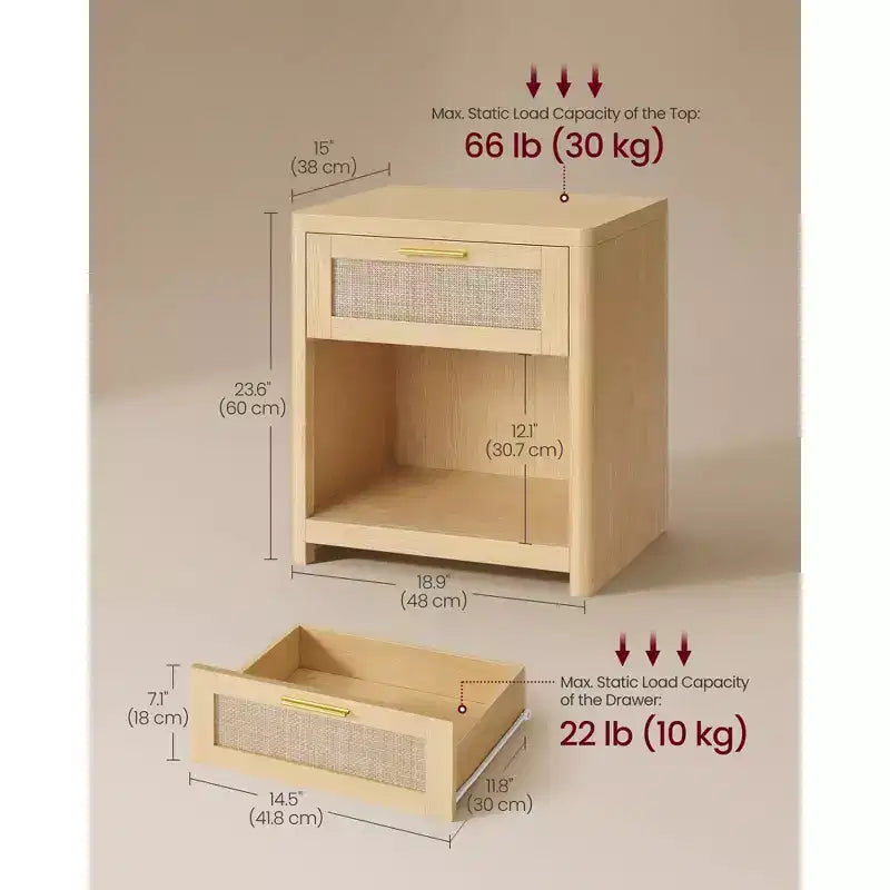 Collection VASAGLE ELLAN – Tables de chevet bohème avec tiroir aspect rotin, lot de 2 tables d'appoint avec compartiment ouvert, coins arrondis